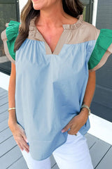 Color Block Notched Ruffled Cap Sleeve Blouse - Trendsi - Flyclothing LLC