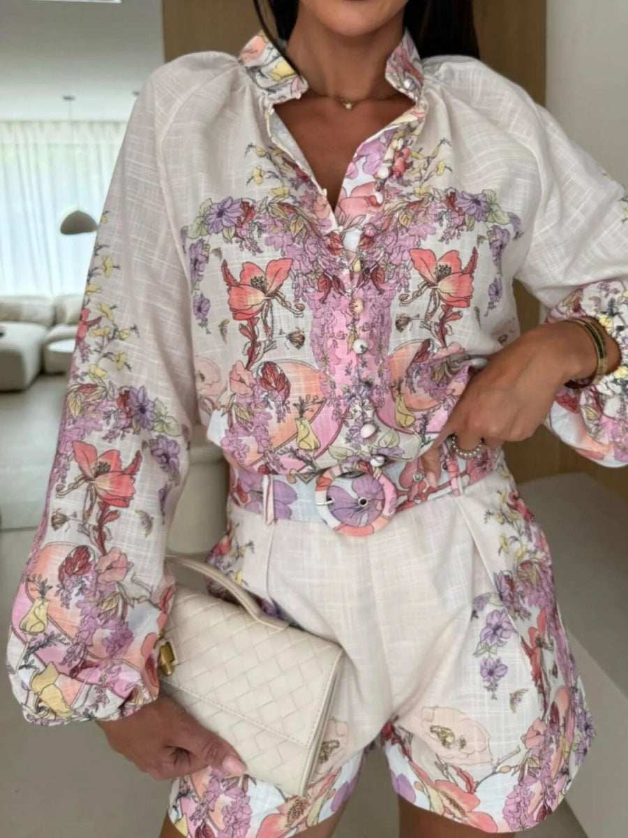 Printed Long Sleeve Shirt and Shorts Set - Trendsi - Flyclothing LLC