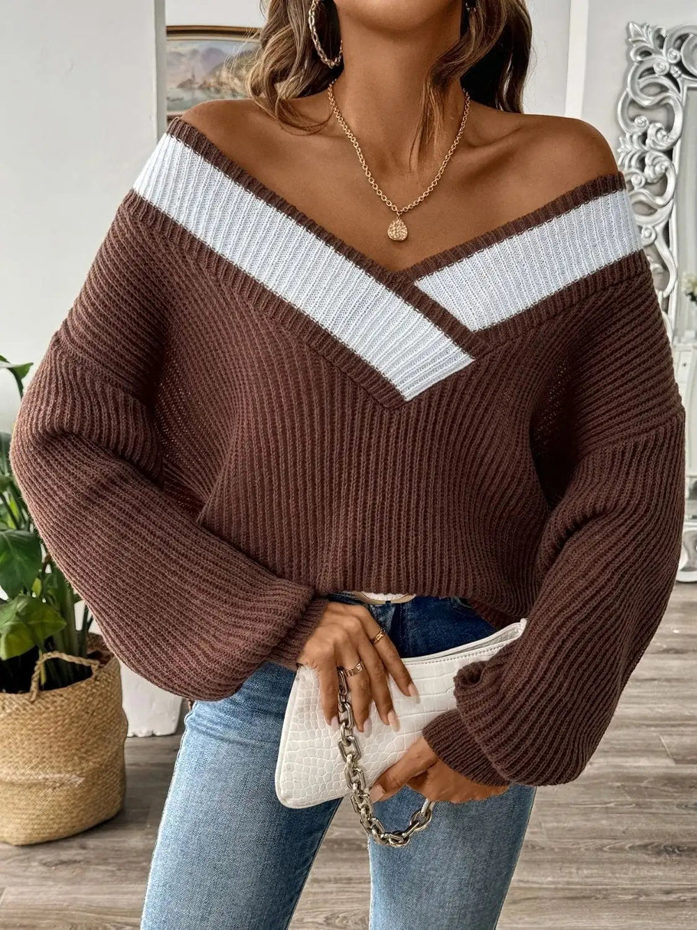 Contrast Dropped Shoulder Long Sleeve Sweater - Trendsi