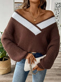 Contrast Dropped Shoulder Long Sleeve Sweater - Trendsi