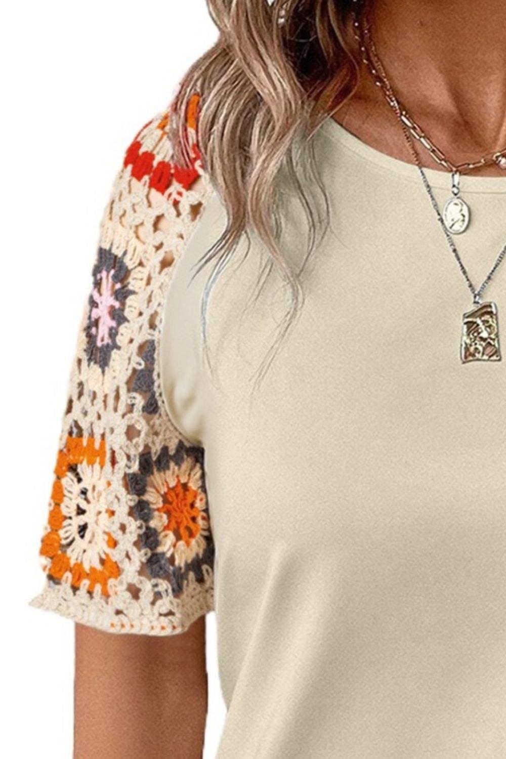 Geometric Round Neck Short Sleeve Blouse - Trendsi - Flyclothing LLC