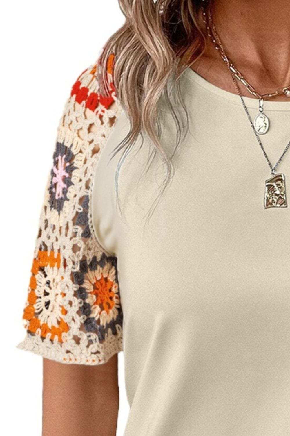 Geometric Round Neck Short Sleeve Blouse - Trendsi - Flyclothing LLC