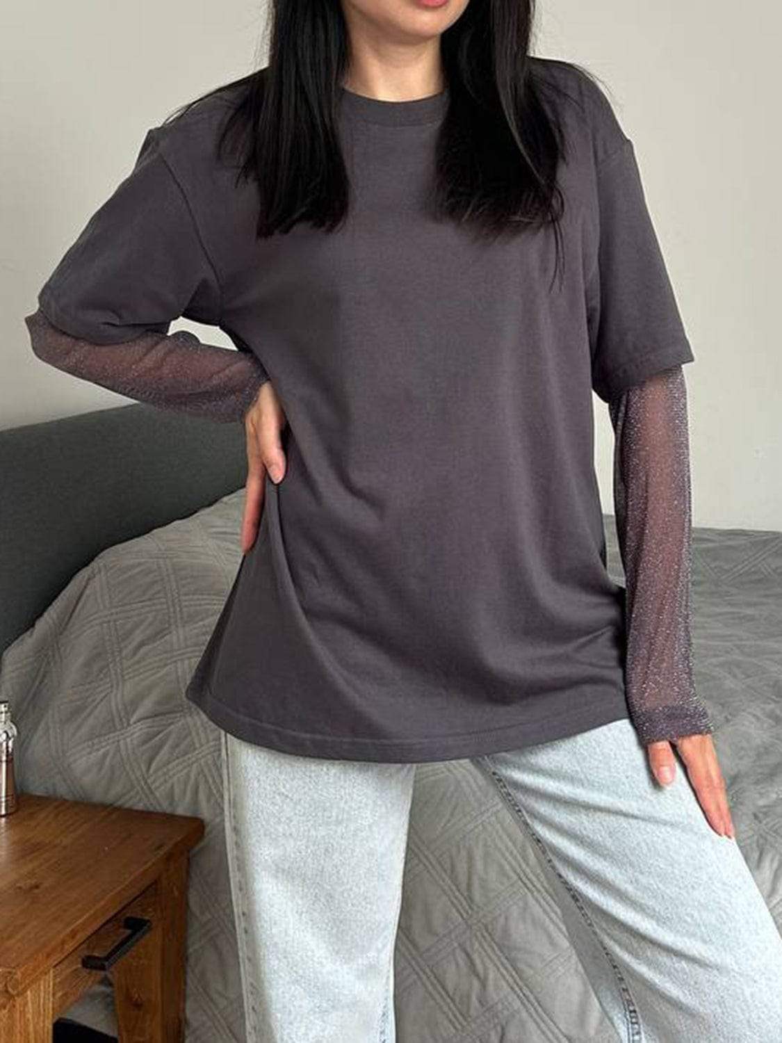Faux Layered Round Neck Mesh Sleeve Top - Trendsi - Flyclothing LLC