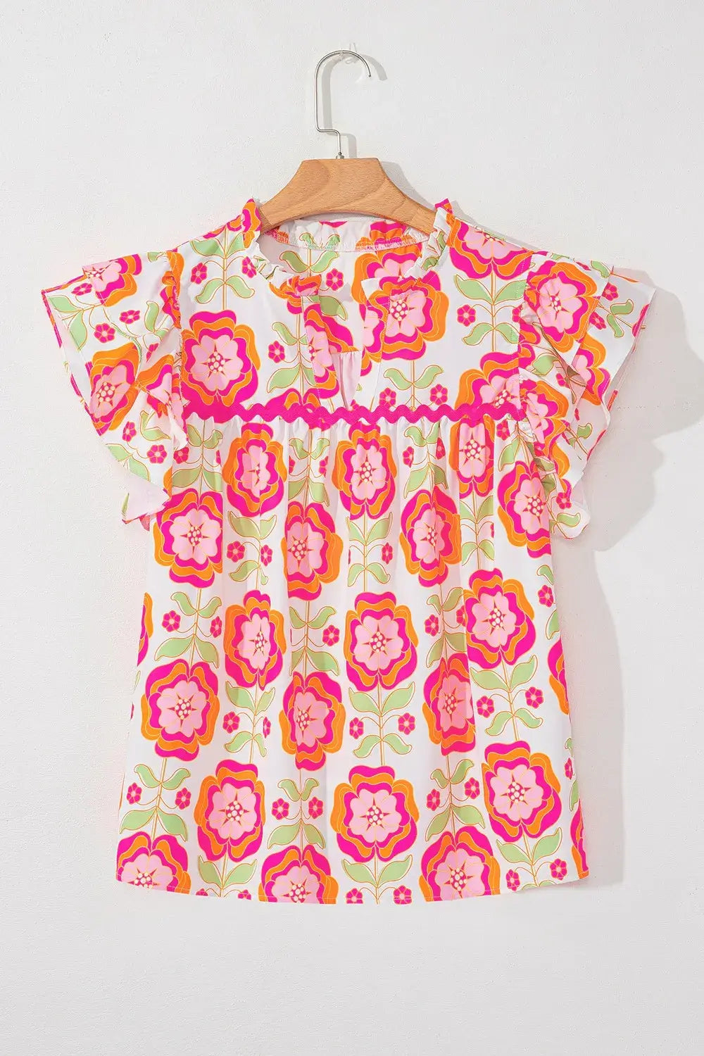 Floral Ruffled Sleeve Ric-Rac Trim Split Neck Loose Blouse - Trendsi - Flyclothing LLC