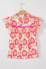 Floral Ruffled Sleeve Ric-Rac Trim Split Neck Loose Blouse - Trendsi - Flyclothing LLC