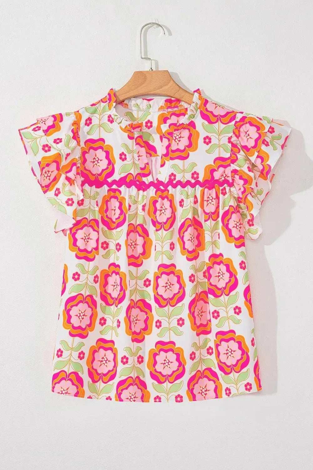 Floral Ruffled Sleeve Ric-Rac Trim Split Neck Loose Blouse - Trendsi - Flyclothing LLC