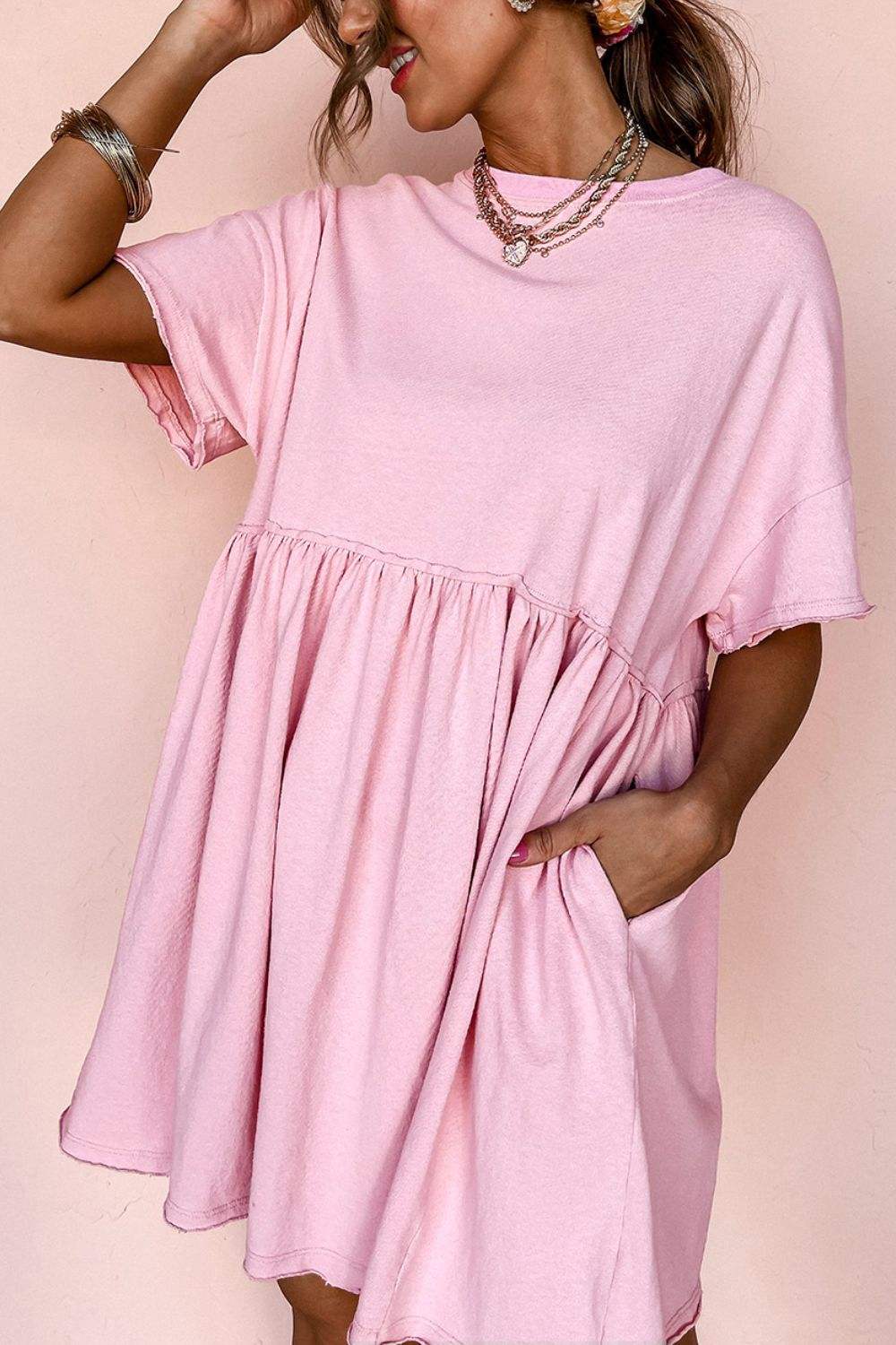Round Neck Half Sleeve Mini Dress - Trendsi - Flyclothing LLC