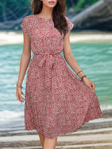Printed Cap Sleeve Tie Waist Dress - Trendsi - Flyclothing LLC