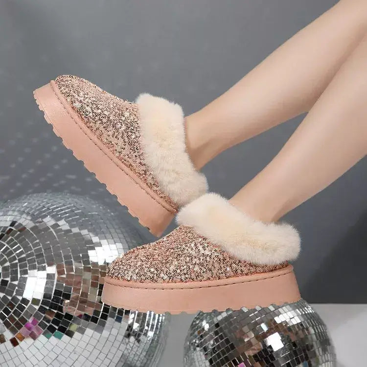 Sequin Round Toe Platform Boots - Trendsi - Flyclothing LLC