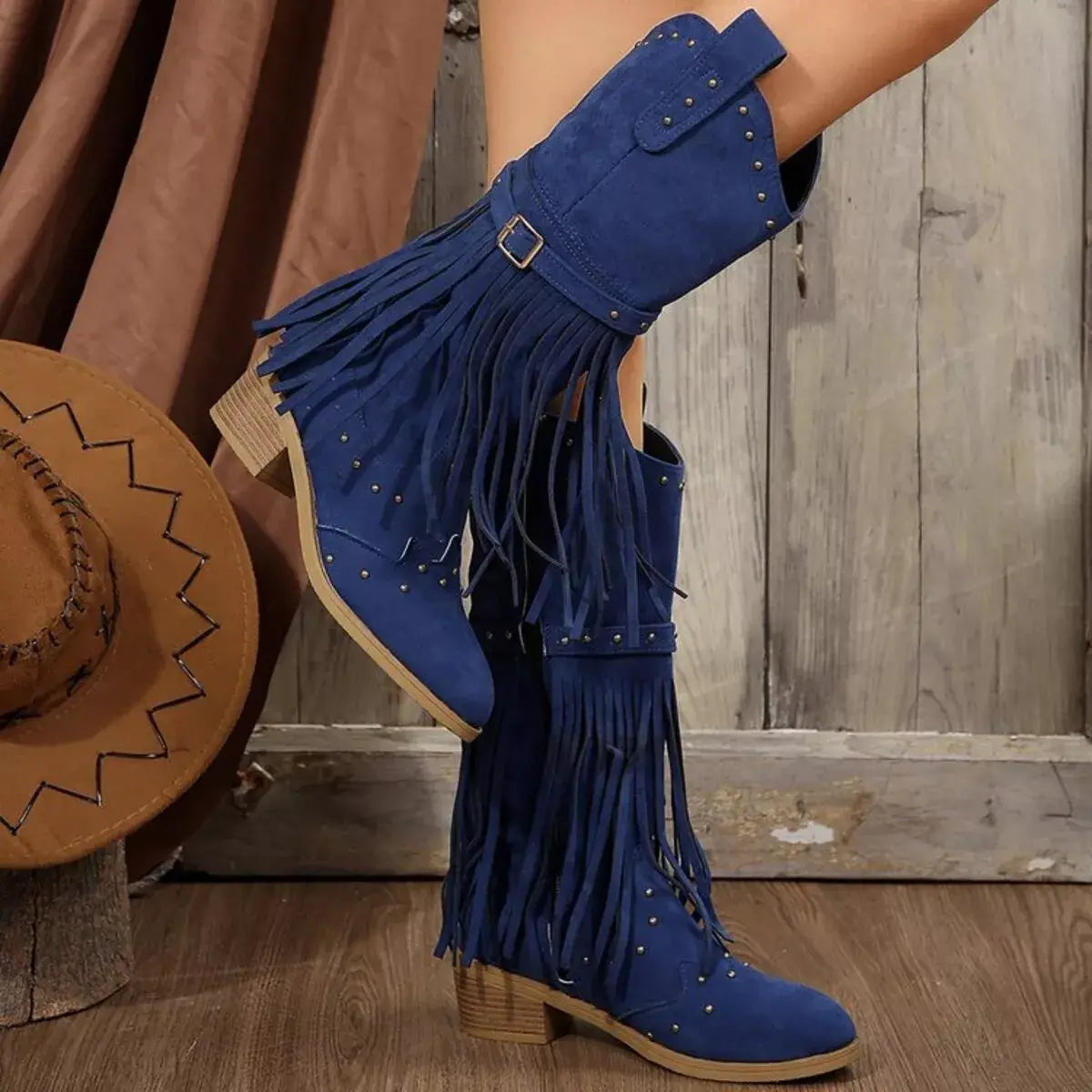 Fringe Point Toe Block Heels Boots - Trendsi - Flyclothing LLC