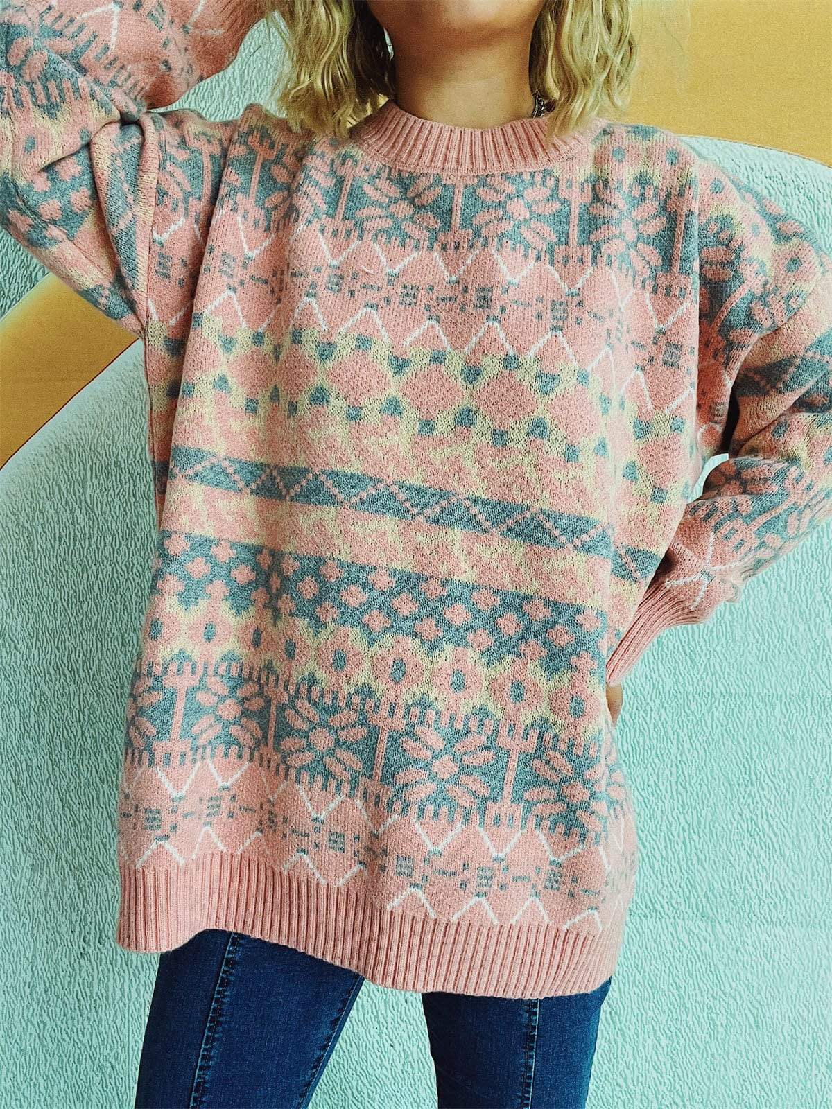 Geometric Round Neck Dropped Shoulder Sweater - Trendsi - Flyclothing LLC