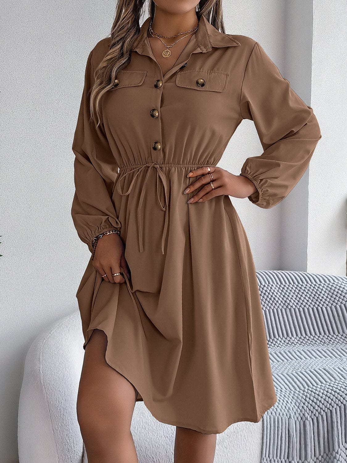 Collared Neck Long Sleeve Dress with Pockets - Trendsi