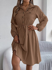 Collared Neck Long Sleeve Dress with Pockets - Trendsi