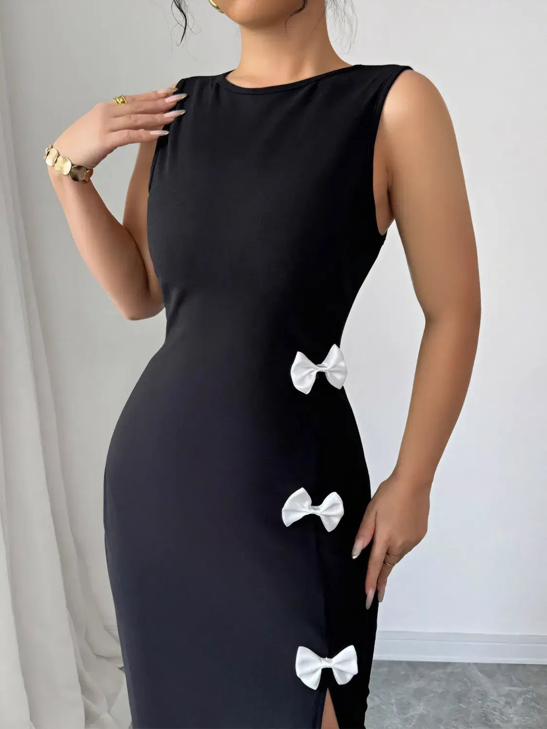 Bow Slit Round Neck Sleeveless Dress - Trendsi - Flyclothing LLC