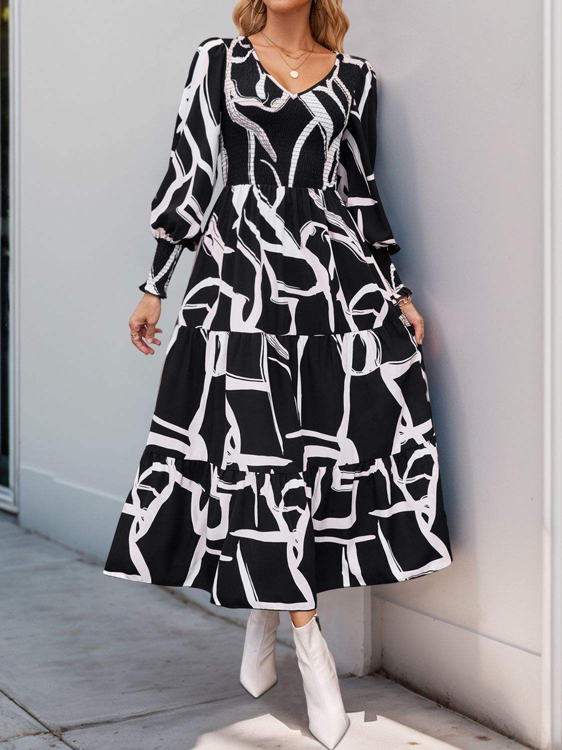 Perfee Smocked Printed Long Sleeve Midi Dress - Trendsi - Flyclothing LLC