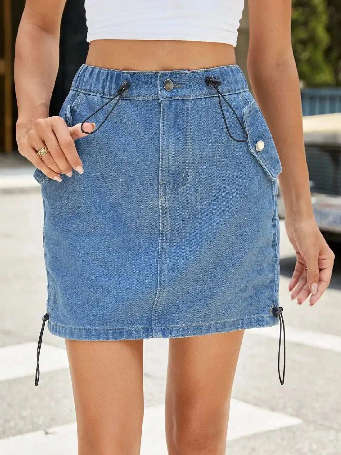 Drawstring Denim Mini Skirt - Trendsi - Flyclothing LLC