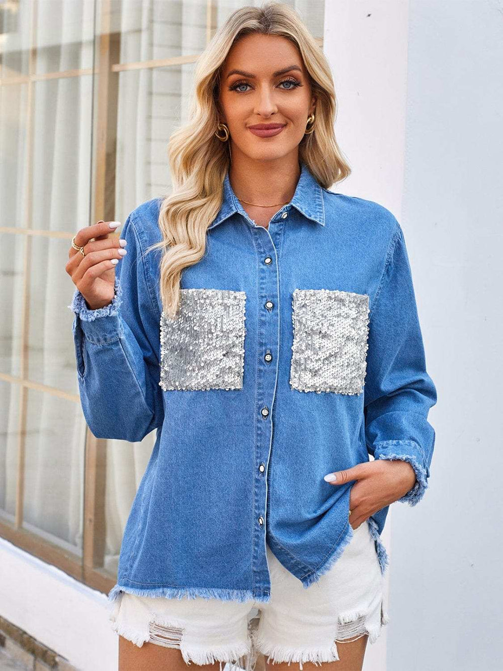 Raw Hem Button Up Long Sleeve Denim Jacket with Sequin Pockets - Trendsi - Flyclothing LLC