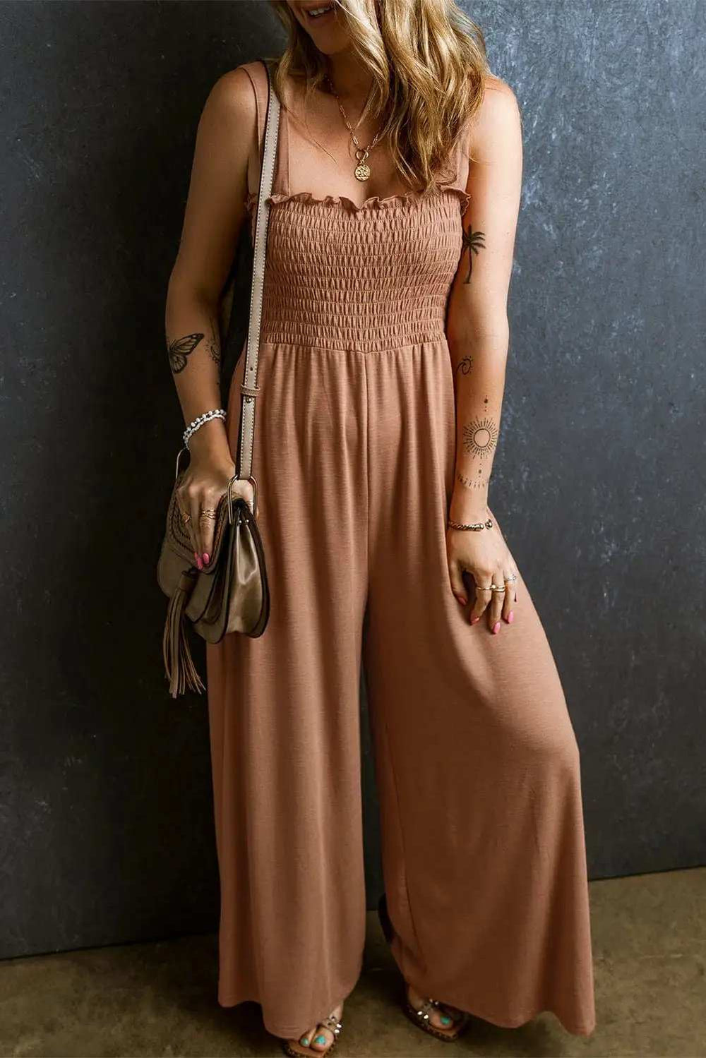 Frill Smocked Wide Leg Jumpsuit - Trendsi - Flyclothing LLC