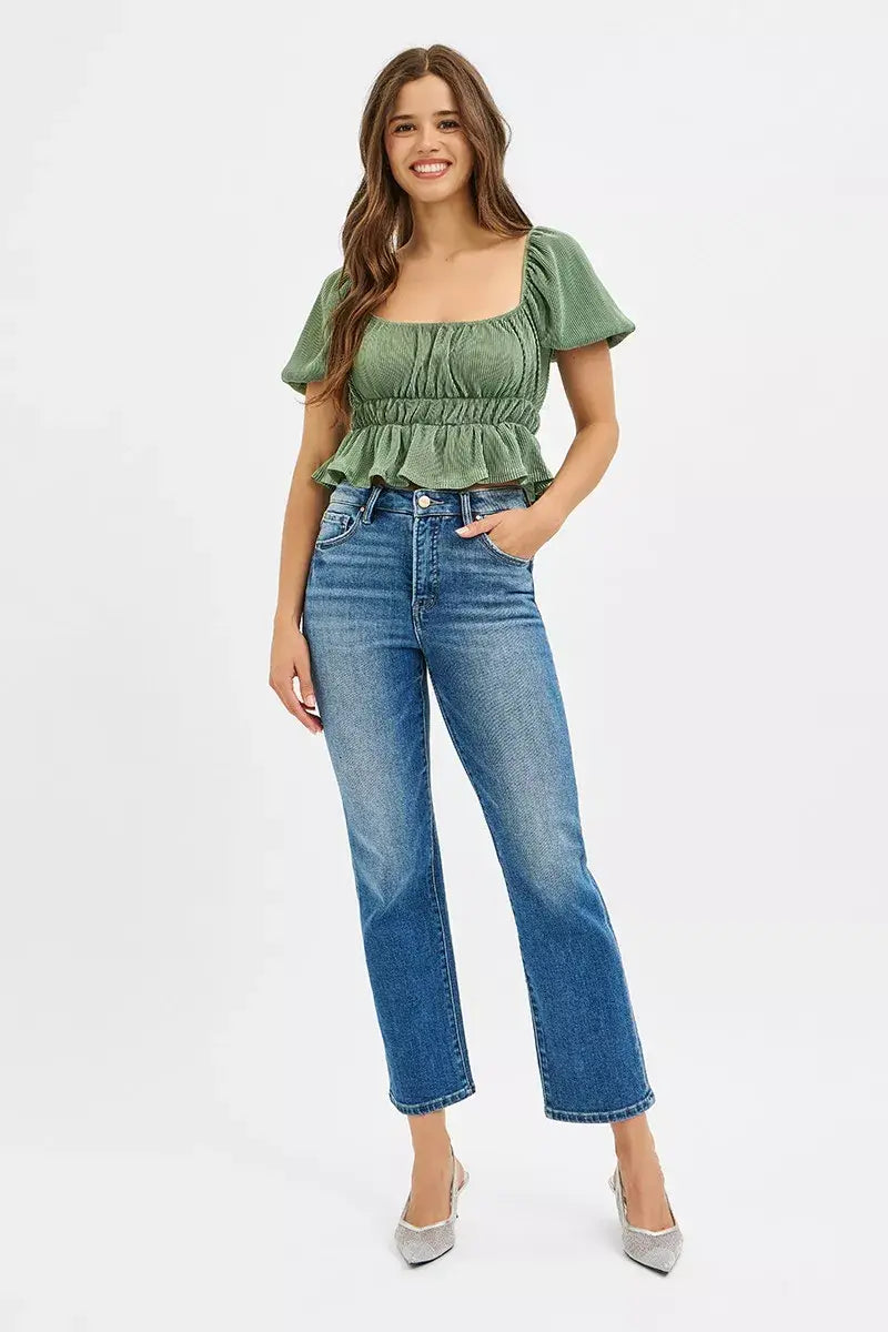 RISEN Tummy Control High Rise Crop Straight Jeans - Trendsi - Flyclothing LLC