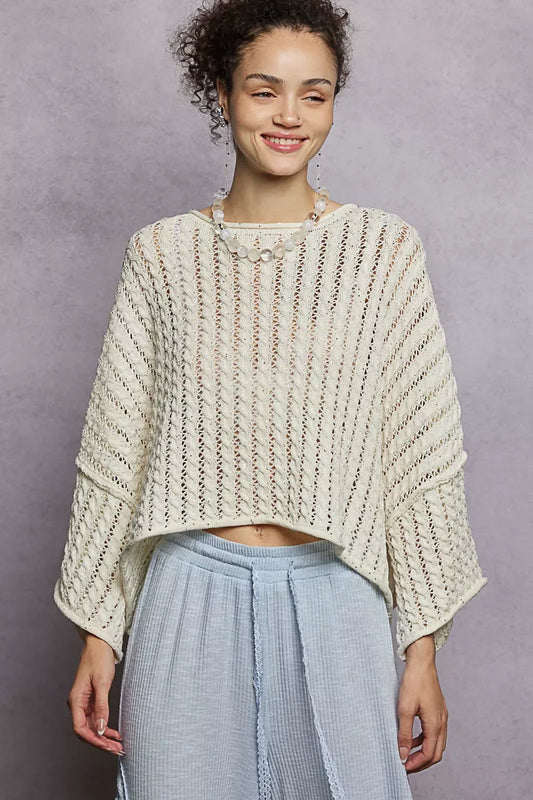 POL Cable-Knit Openwork Round Neck Cropped Sweater - Trendsi - Flyclothing LLC