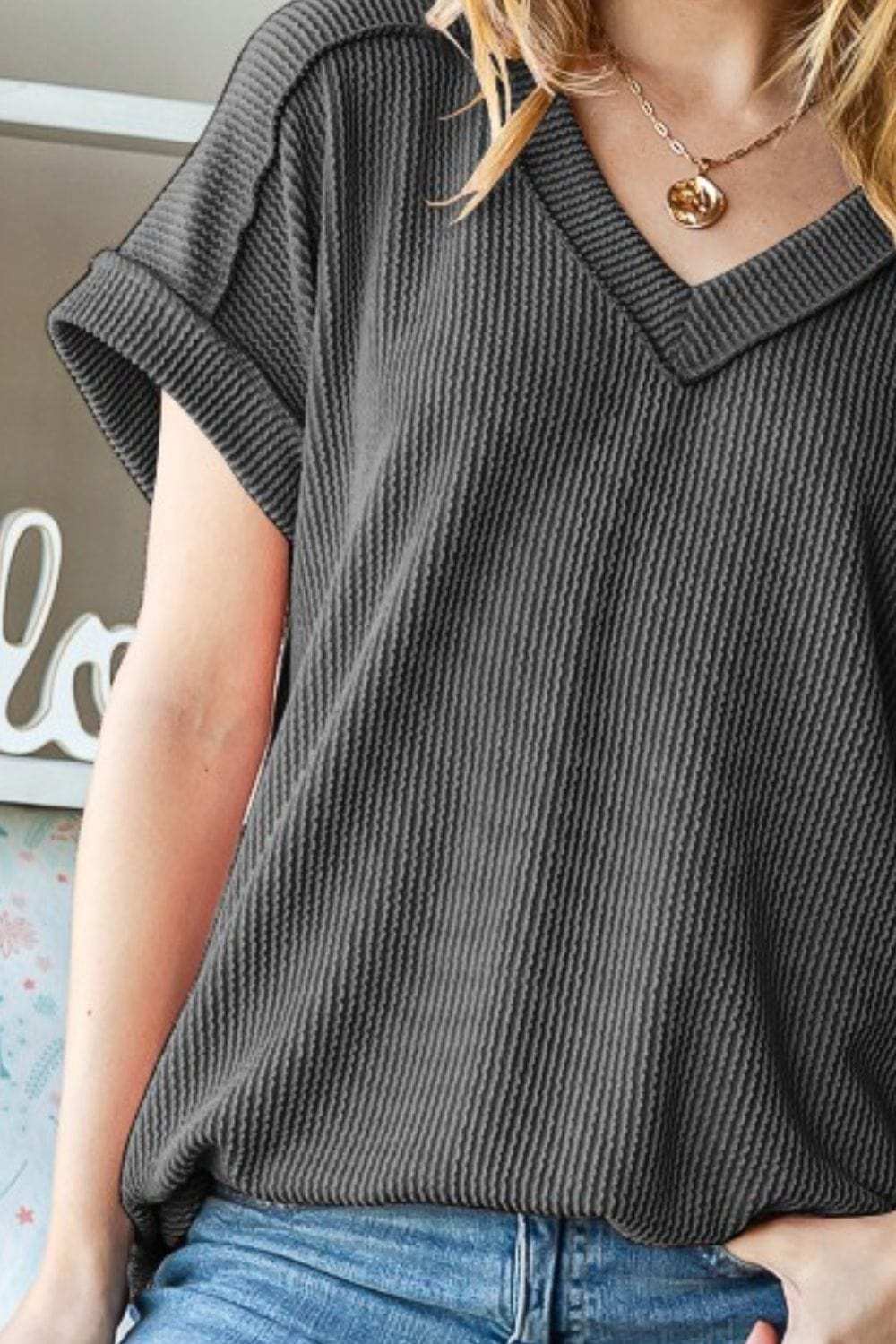 Heimish Full Size Exposed Seam Short Sleeve Ribbed Top - Trendsi - Flyclothing LLC