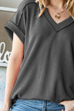 Heimish Full Size Exposed Seam Short Sleeve Ribbed Top - Trendsi
