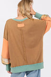SAGE + FIG Mineral Wash Raw Edge Color Block Sweatshirt - Trendsi