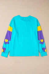 Contrast Flower Round Neck Long Sleeve Blouse - Trendsi - Flyclothing LLC