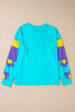 Contrast Flower Round Neck Long Sleeve Blouse - Trendsi - Flyclothing LLC