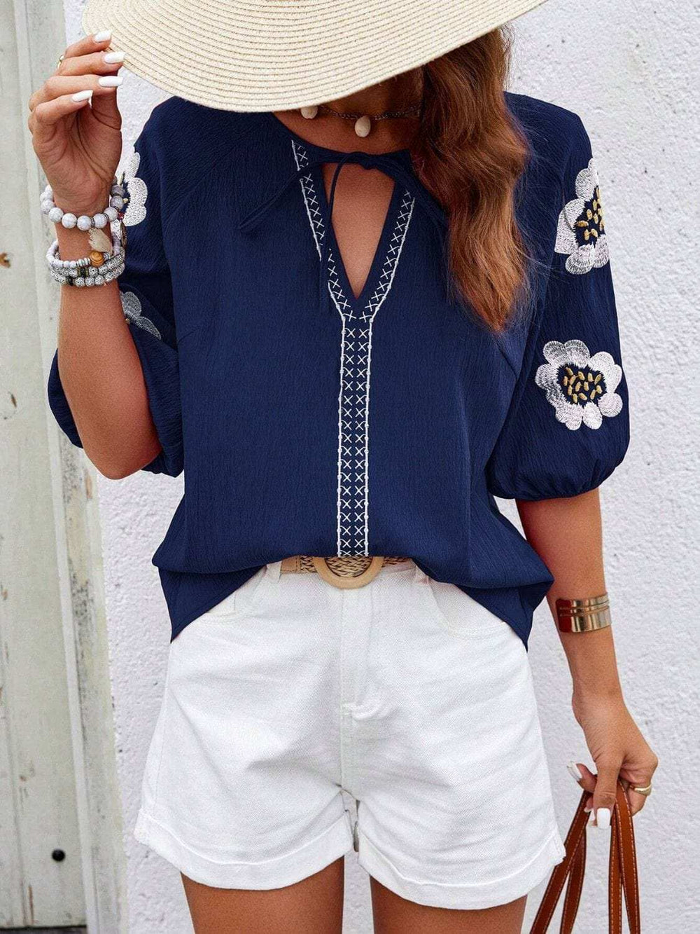 Embroidered Tie Neck Puff Sleeve Blouse - Trendsi - Flyclothing LLC