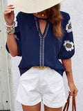 Embroidered Tie Neck Puff Sleeve Blouse - Trendsi