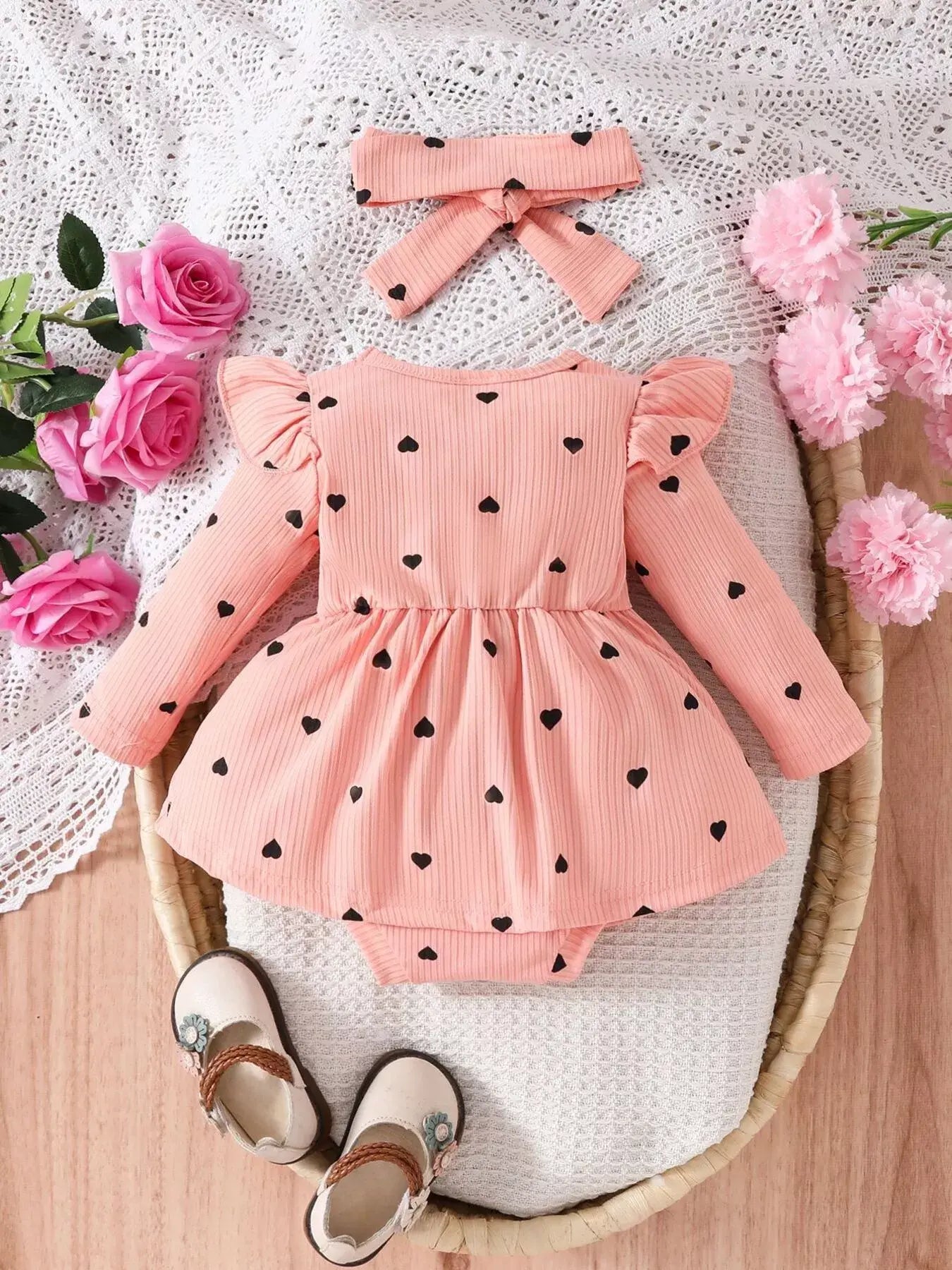 Children's Heart Print Ruffle Trim Bodysuit Dress with Headband - Trendsi - Flyclothing LLC
