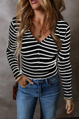 Striped V-Neck Long Sleeve Top - Trendsi - Flyclothing LLC