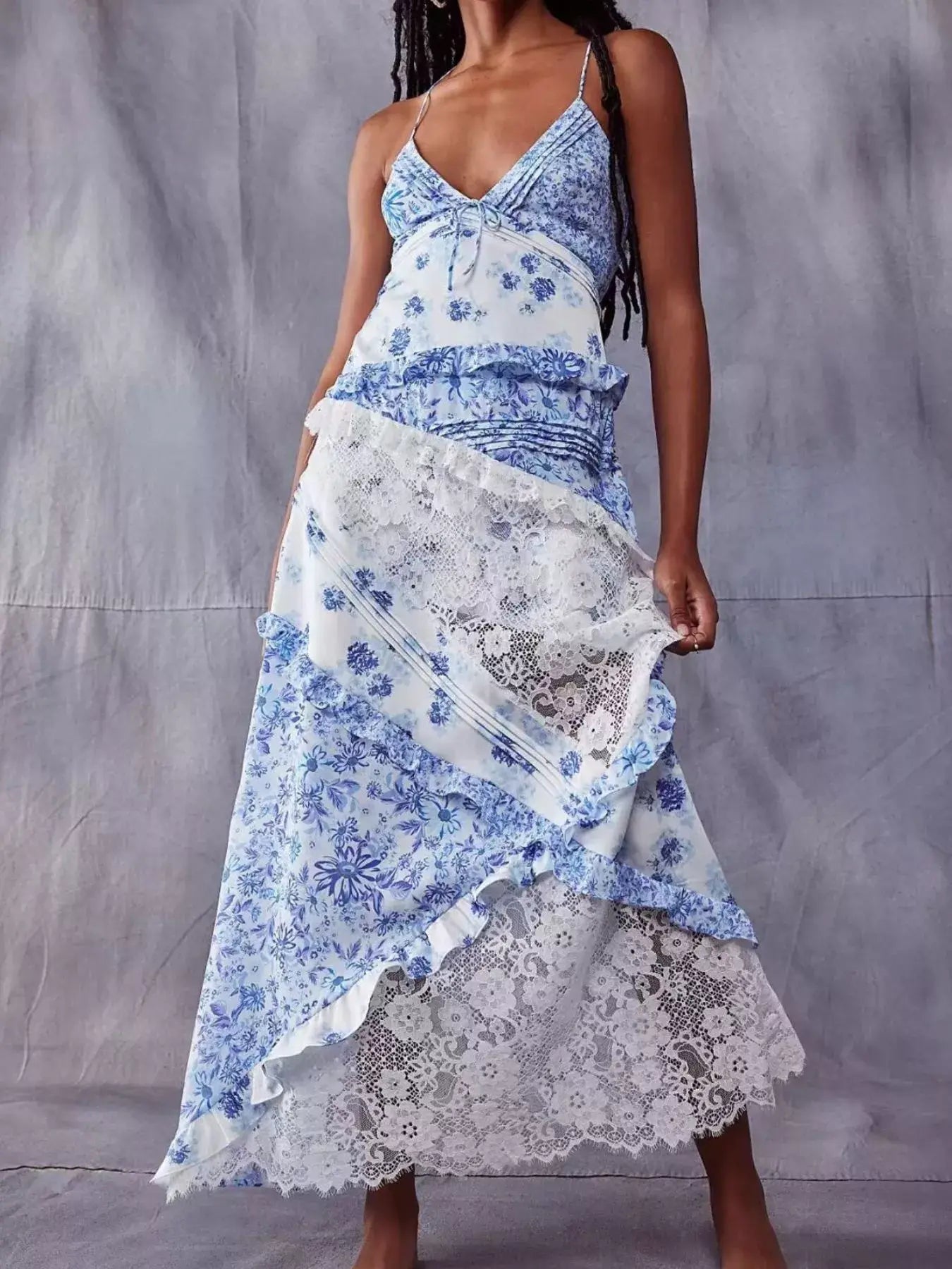 Lace Detail Ruffled Floral V-Neck Maxi Dress - Trendsi - Flyclothing LLC