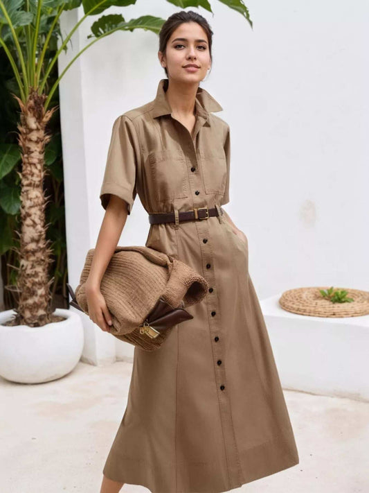 Button Front Short Sleeve Shirt Dress - Trendsi - Flyclothing LLC