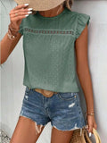 Eyelet Round Neck Cap Sleeve Top - Trendsi - Flyclothing LLC