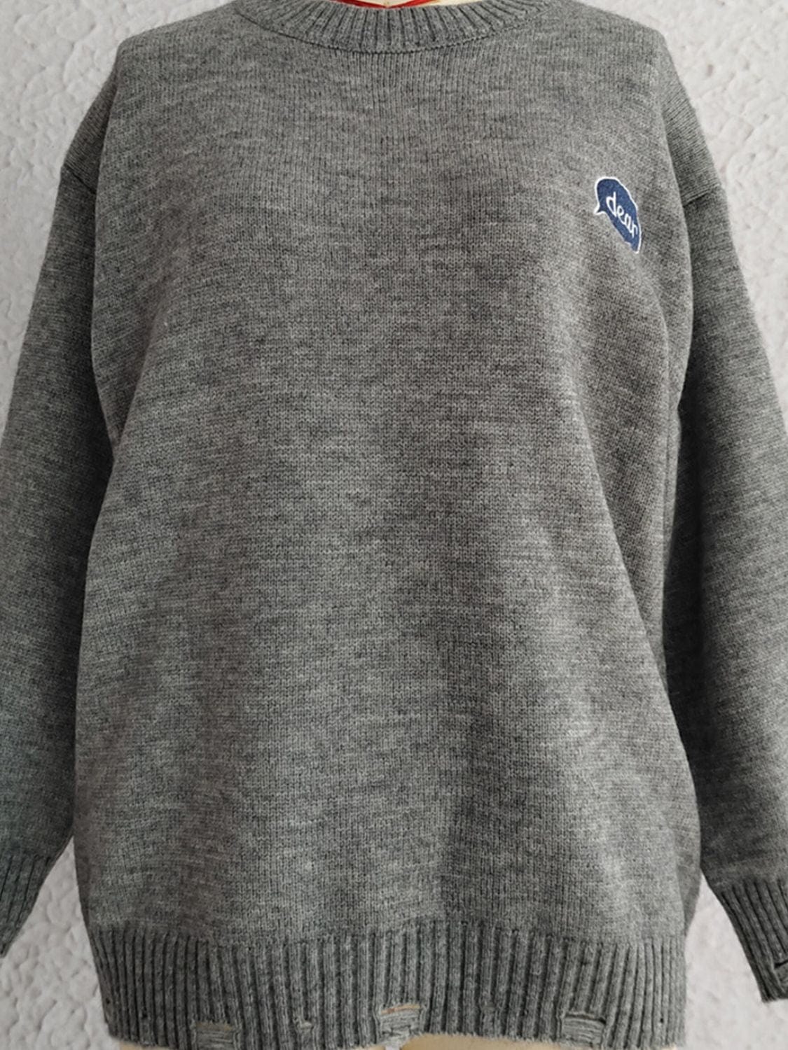 Embroidered Round Neck Dropped Shoulder Sweater - Trendsi