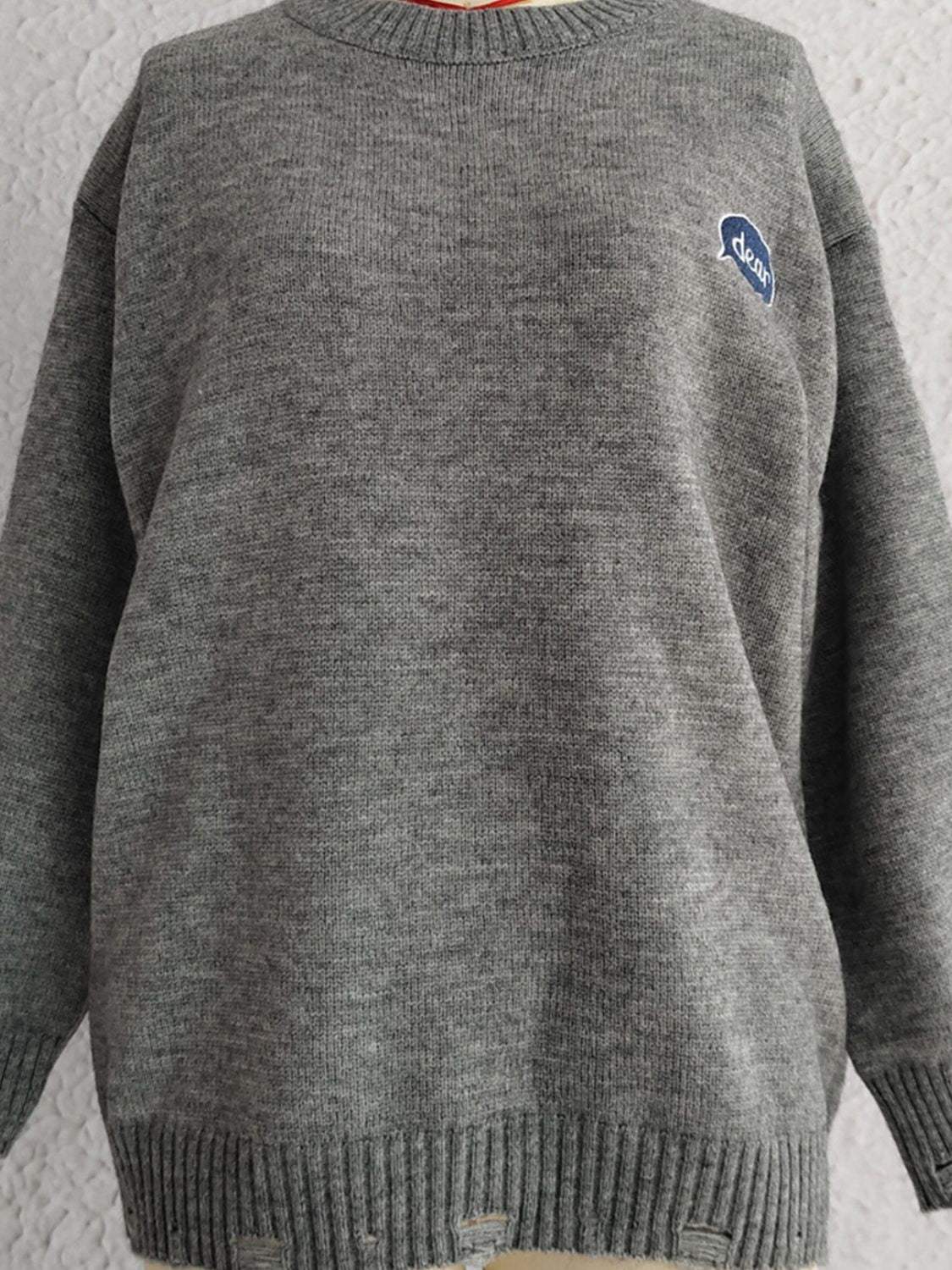 Embroidered Round Neck Dropped Shoulder Sweater - Trendsi - Flyclothing LLC