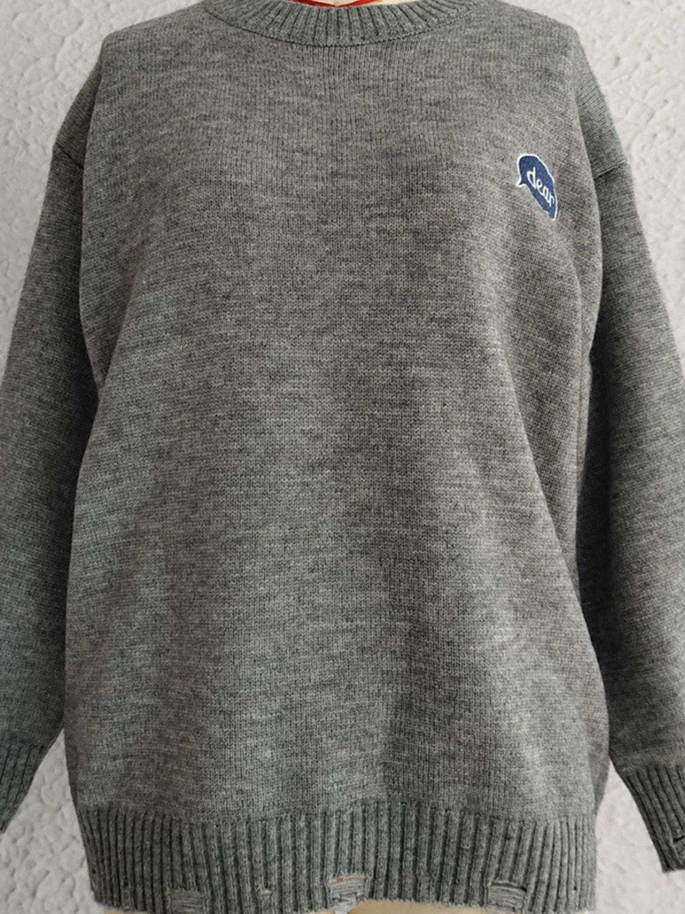 Embroidered Round Neck Dropped Shoulder Sweater - Trendsi - Flyclothing LLC