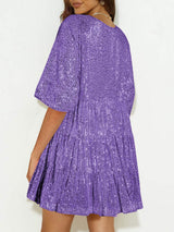Sequin Round Neck Half Sleeve Mini Dress - Trendsi - Flyclothing LLC