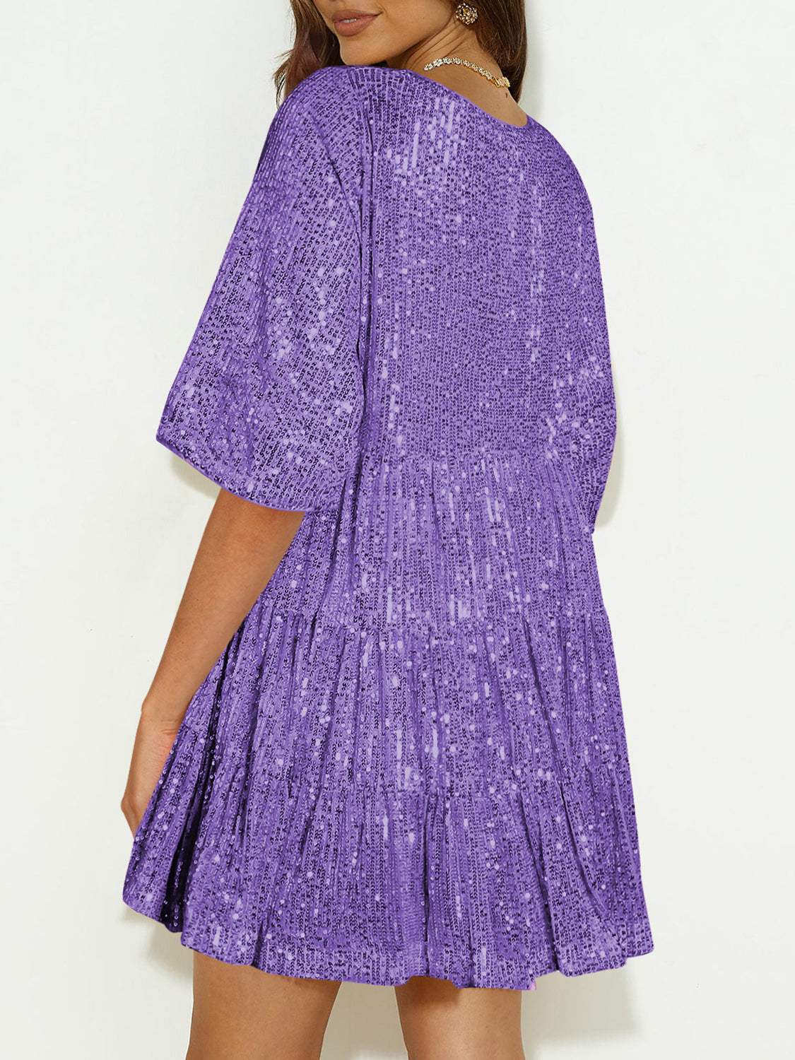 Sequin Round Neck Half Sleeve Mini Dress - Trendsi - Flyclothing LLC