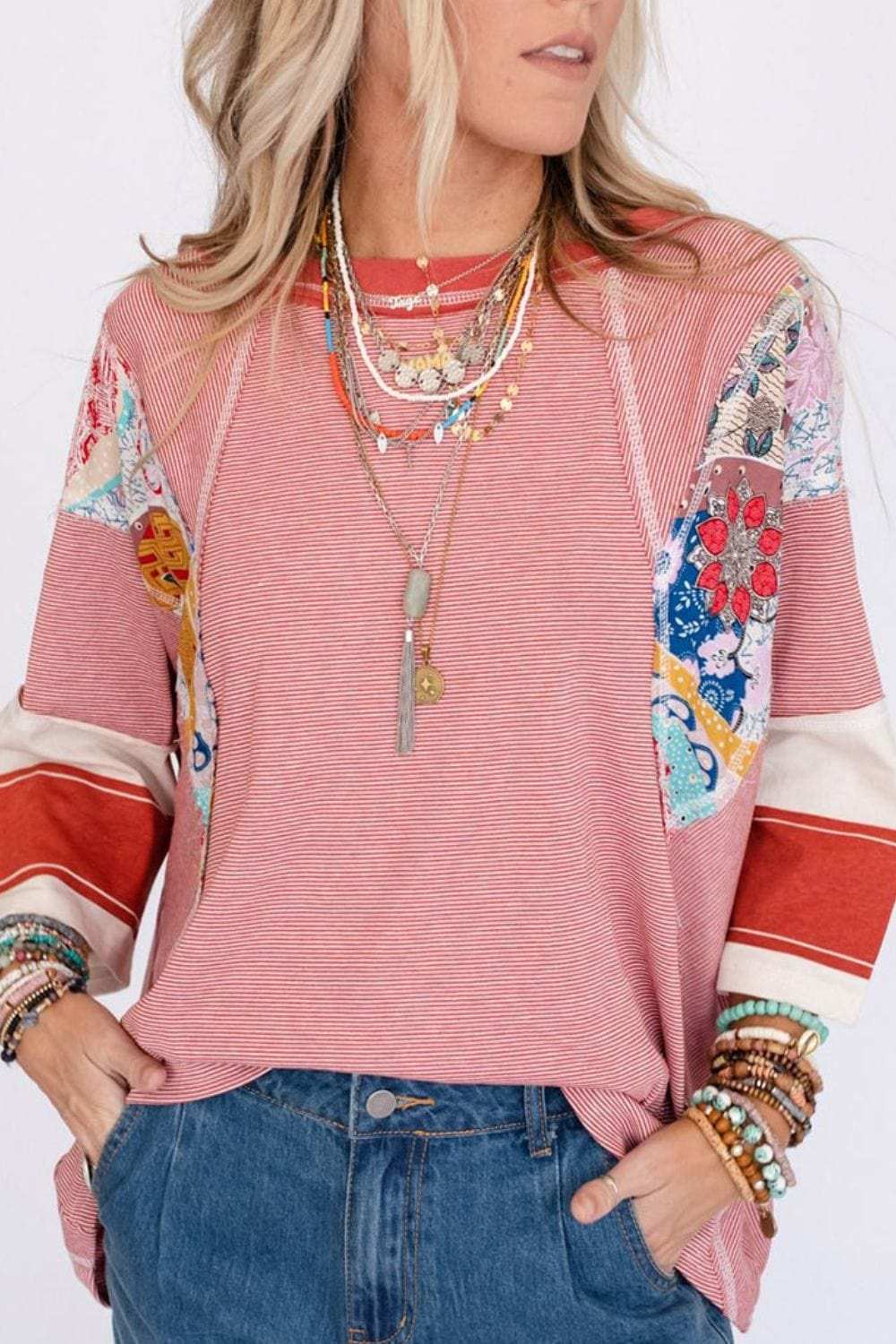 Striped Floral Patchwork Round Neck Top - Trendsi - Flyclothing LLC