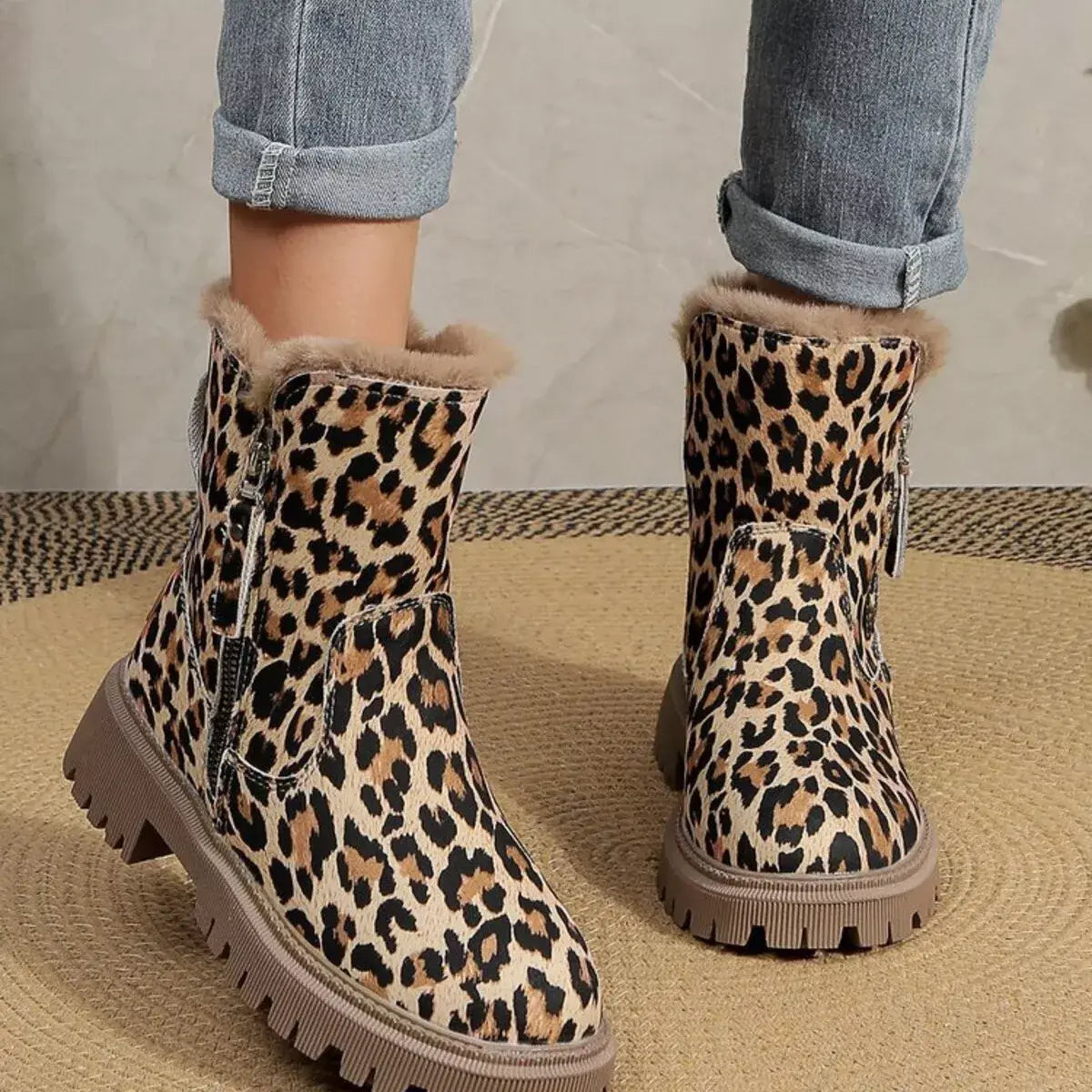 Leopard Print Fur Lined Ankle Boots - Trendsi - Flyclothing LLC