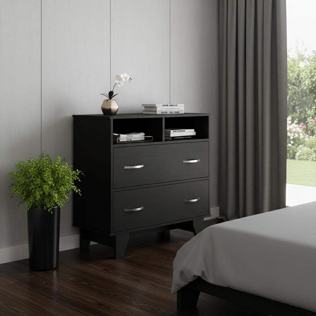 32" Black Wood Two Drawer Dresser - HomeRoots - Flyclothing LLC