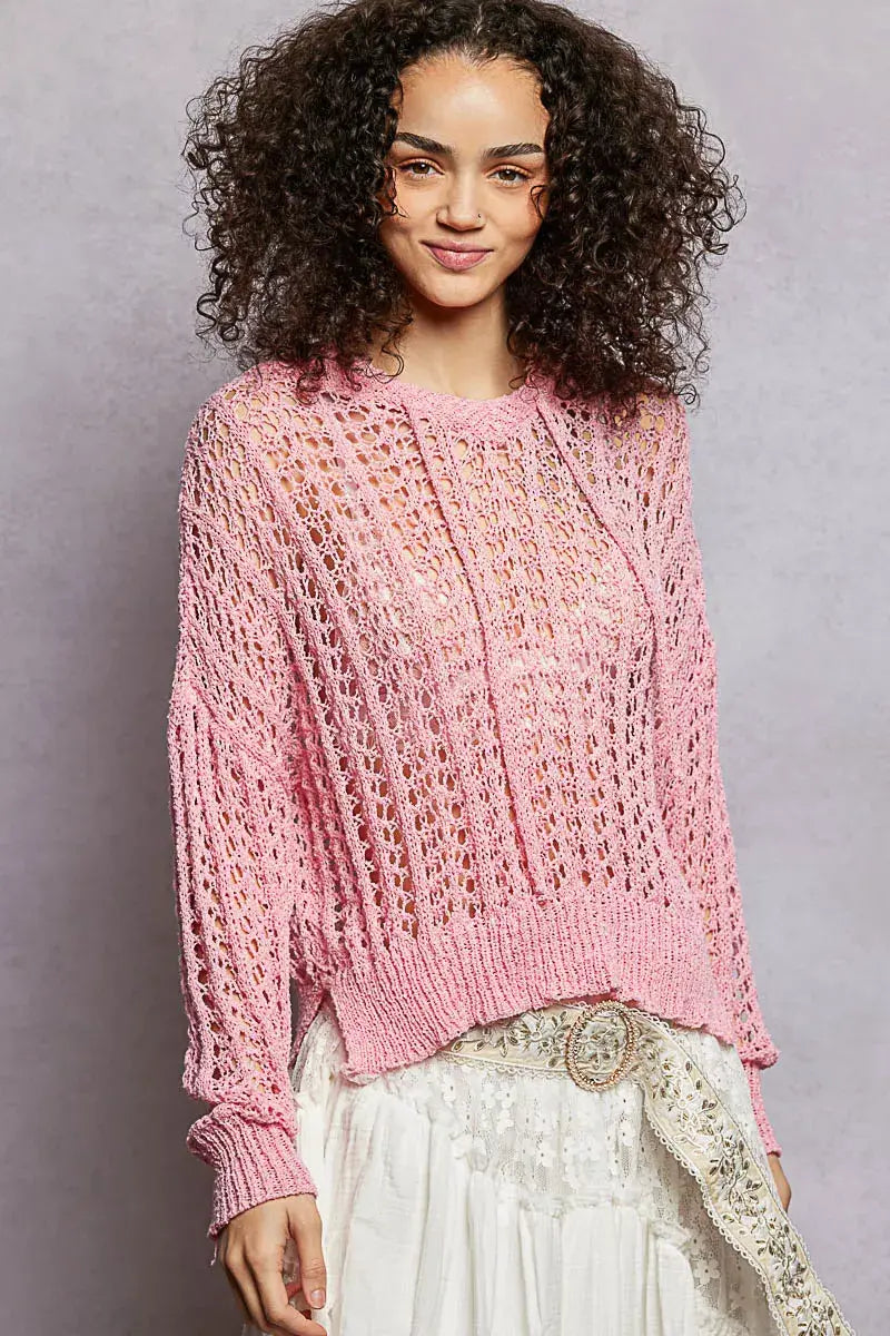 POL Openwork Round Neck High Low Knit Top - Trendsi - Flyclothing LLC