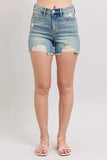 Judy Blue Full Size High Rise Washed Fly Stitch Detail and Destroy Denim Shorts Plus Size - Trendsi