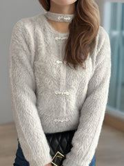 Cutout Knot Button Long Sleeve Cardigan - Trendsi