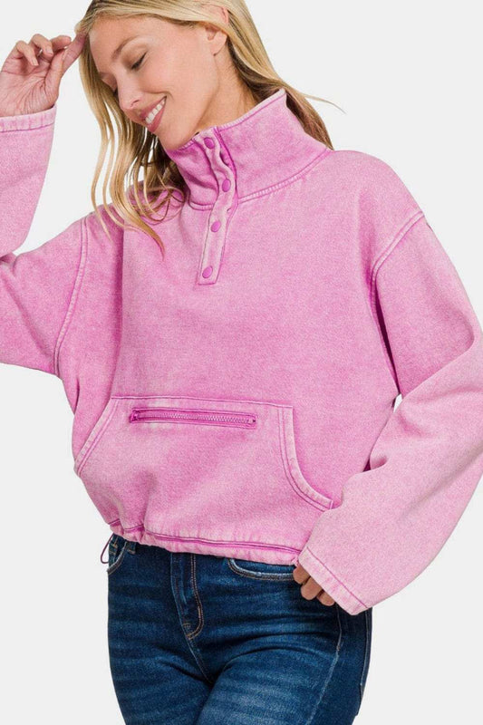 Zenana Acid Wash Fleece Half Snap Sweatshirt with Pocket - Trendsi - Flyclothing LLC