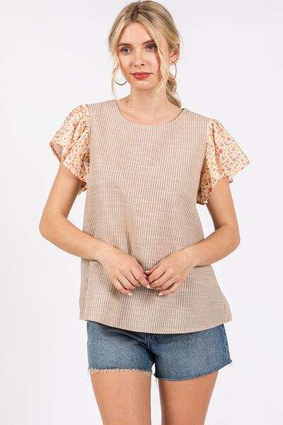 Ces Femme Round Neck Floral Short Sleeve Top - Trendsi - Flyclothing LLC