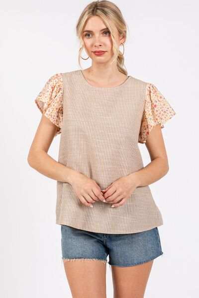Ces Femme Round Neck Floral Short Sleeve Top - Trendsi - Flyclothing LLC